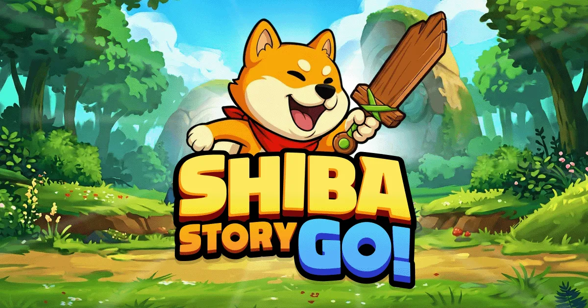 Shiba Story Go key art: a Shiba Inu adventurer in a red cape running through a sunlit forest holding a wooden sword.
